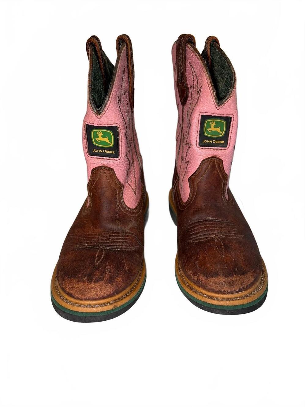 John Deere Brown Pink Leather Cowboy Boots Youth 13 Western Cowgirl Ranch Rodeo